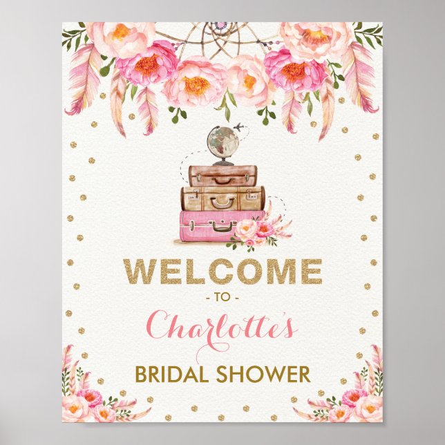Póster Boda de Viaje Boho Floral Chic Señorita a Señora (Frente)