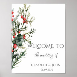 Póster Boda de Watercolor Holly Berry Greenery