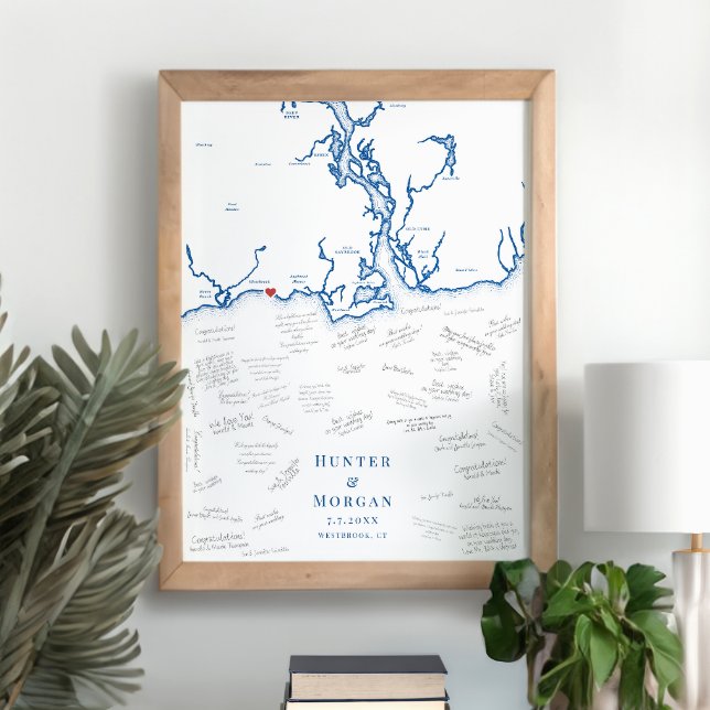 Póster Boda de Westbrook Poster del Libro de Invitados de (Westbrook CT Map Wedding Alternative Guest Book Poster in Elegant Navy Blue from Coastal Map Designs)