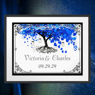 Póster Boda del árbol de hoja con corazón azul cobalto