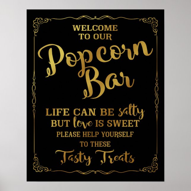 Póster Boda del bar de palomitas firma oro elegante (Frente)