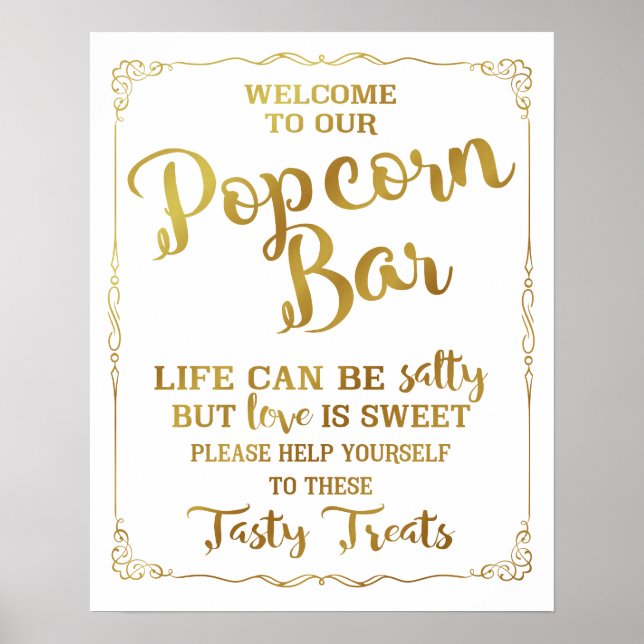 Póster Boda del bar de palomitas firma oro elegante (Frente)