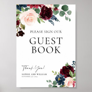Póster Boda del libro invitado Rótulo Boho Floral Burgund
