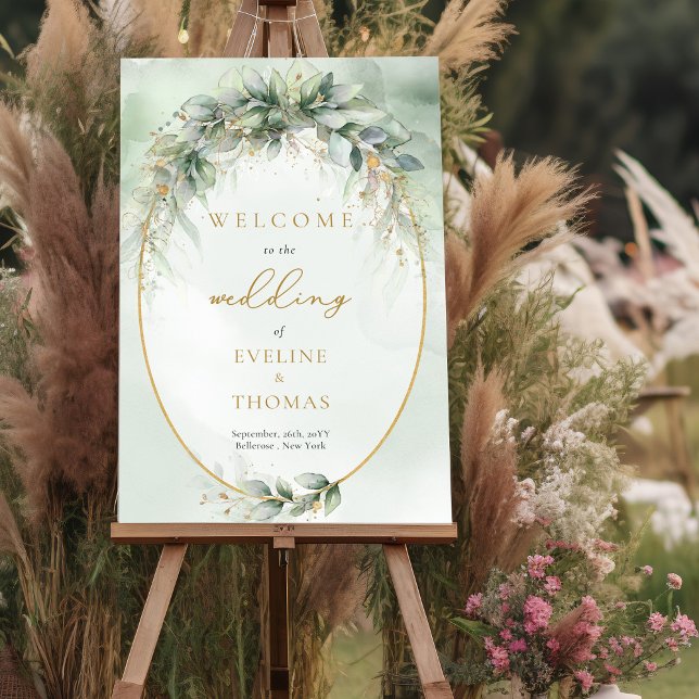 Póster Boda del marco dorado del follaje verde brillante  (Elegant boho eucalyptus greenery gold frame wedding welcome poster)