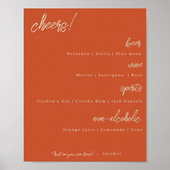 Póster Boda del menú de barras - Poster del Naranja quema (Frente)