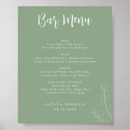 Póster Boda del menú de barras Sage Green Botanical Minim