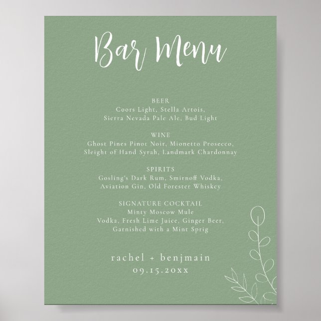 Póster Boda del menú de barras Sage Green Botanical Minim (Frente)