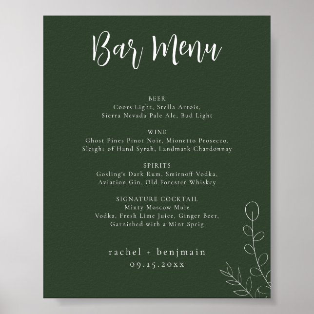 Póster Boda del menú de barras Sage Green Botanical Minim (Frente)