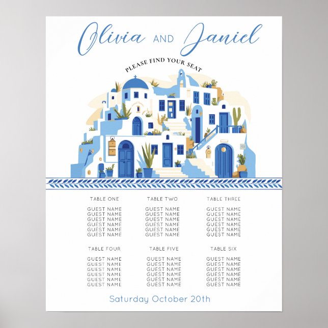 Póster Boda del plan de asientos de Santorini Table 6 (Frente)