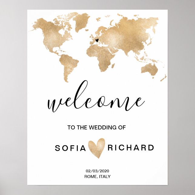 Póster Boda Destino Mapa Mundial Oro Corazón extraíble (Frente)