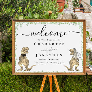 Póster Boda divertida con tema de dinosaurios bienvenidos