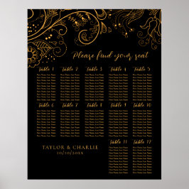 Póster Boda dorado de flores negras 12 tablas