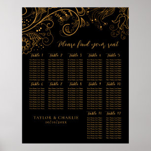 Póster Boda dorado de flores negras 12 tablas