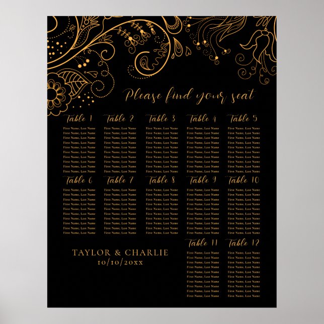 Póster Boda dorado de flores negras 12 tablas (Frente)