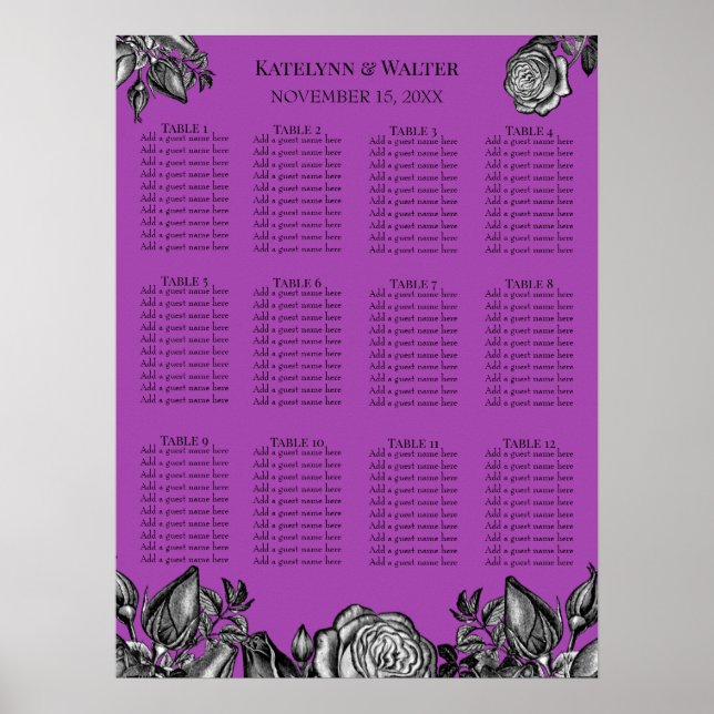 Póster Boda Electric Purple de rosas negras y blancas (Frente)