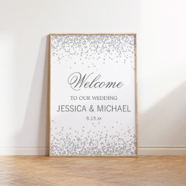 Póster Boda elegante blanca con brillo plateado brillante