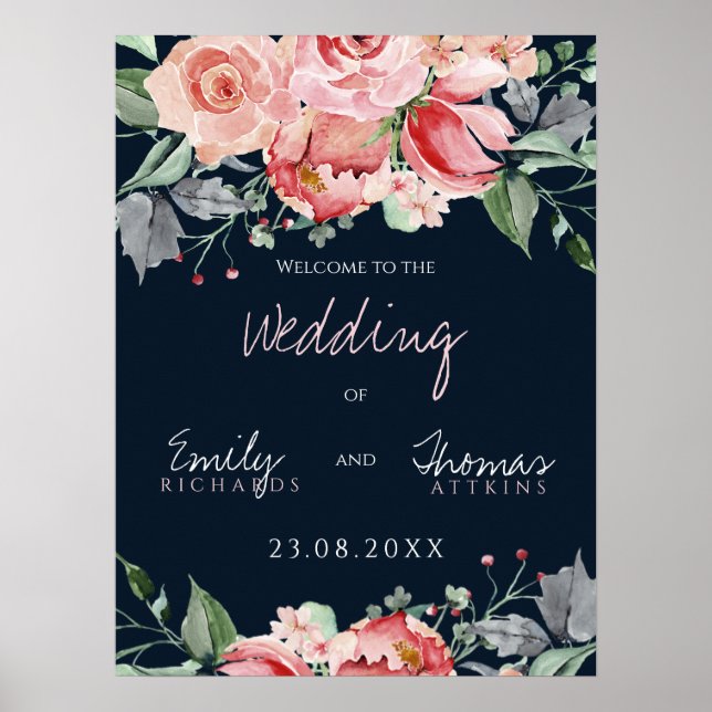 Póster Boda elegante con rosa y azul marino (Frente)
