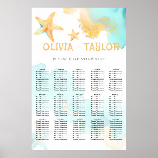 Póster Boda Estrella de Mar Playera Acuarela Aqua Gold