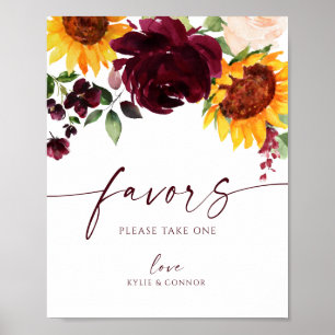 Póster Boda favorece al Rótulo Rosas girasoles rojo borgo