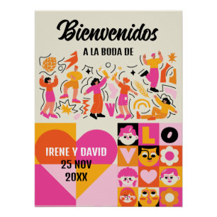 Póster Boda Festivalera Retro Naranja Rosa Bienvenida