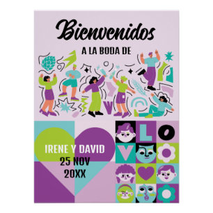 Póster Boda Festivalera Retro Turquesa Lila Bienvenida