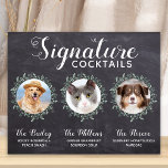 Póster Boda Firma Cócteles Mascota 3 Fotos Bar Bebida<br><div class="desc">¡Cócteles de firma de tus mascotas! Incluya su mejor perro, mejor gato y cualquier mascota en su boda con su propio bar de bebidas. Perfecto para los amantes del perro, y un bar especial para perros será un éxito para su boda. Blanco sencillo pero elegante con hojas de eucalipto sobre...</div>