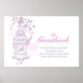 Póster Boda firma libro de invitado pájaros amorosos rosa