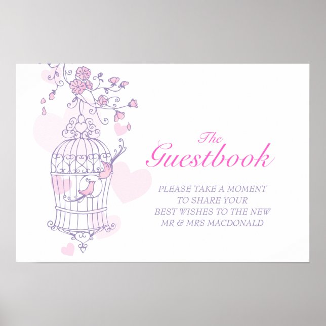 Póster Boda firma libro de invitado pájaros amorosos rosa (Frente)