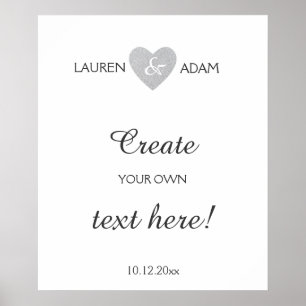 Póster Boda firma purpurina de plata corazón, texto perso
