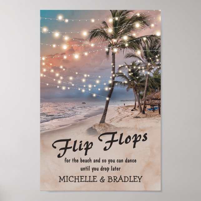 Póster Boda Flip Flops de luces tropicales en la playa (Frente)