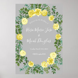 Póster Boda floral amarillo y gris claro y Rosa