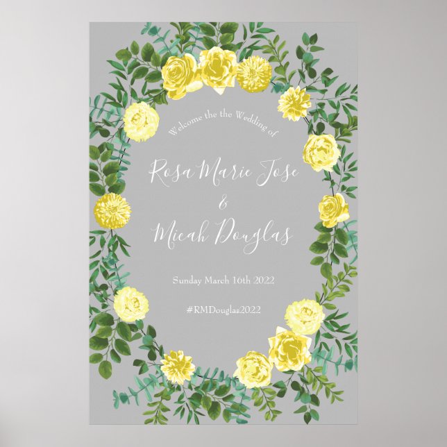 Póster Boda floral amarillo y gris claro y Rosa (Frente)
