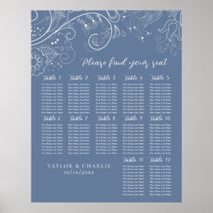 Póster Boda Floral Azul Dusty 12 Tablas Tabla de asientos