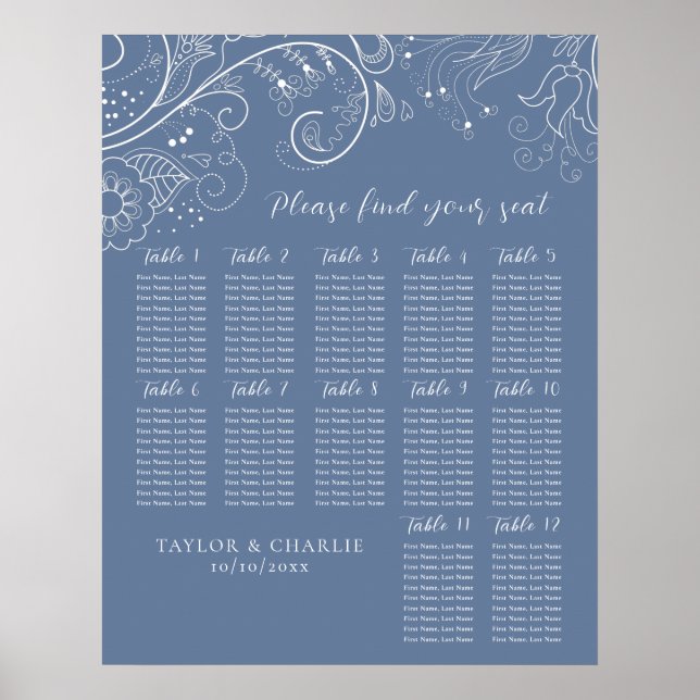 Póster Boda Floral Azul Dusty 12 Tablas Tabla de asientos (Frente)