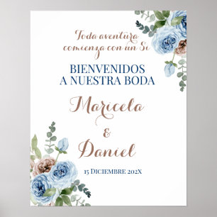 Póster Boda floral azul español
