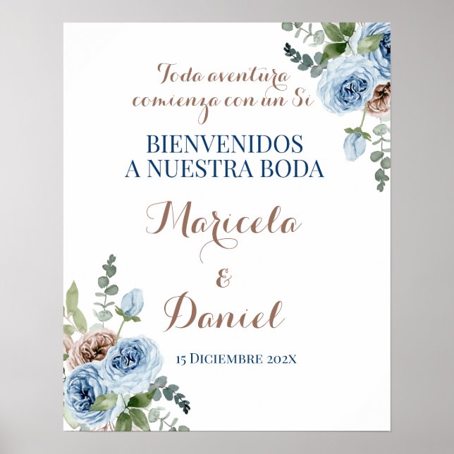 Póster Boda floral azul español (Frente)