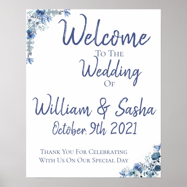 Póster Boda Floral Azul Poster de bienvenida (Frente)