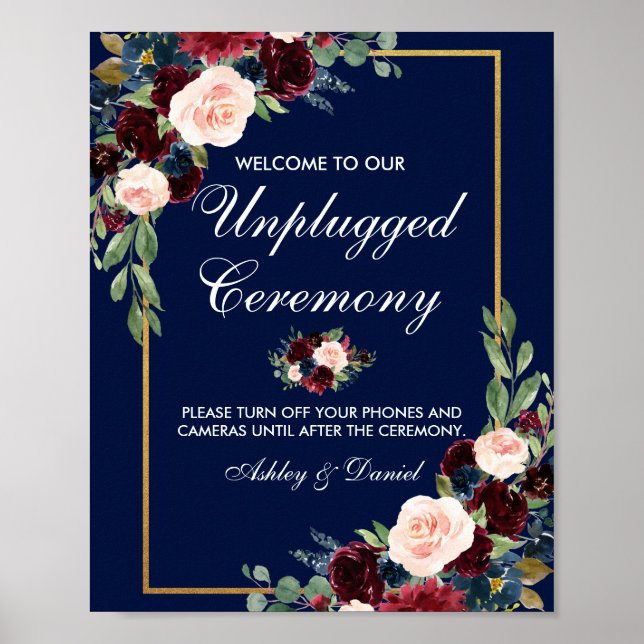 Póster Boda floral Blue Burgundy Gold Desenchufado (Frente)