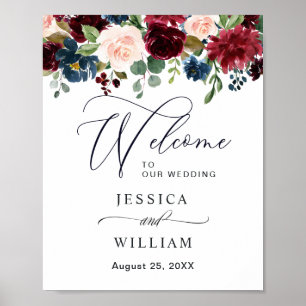 Póster Boda Floral Burgundy Navy Besos Bienvenida