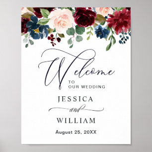 Póster Boda Floral Burgundy Navy Besos Bienvenida