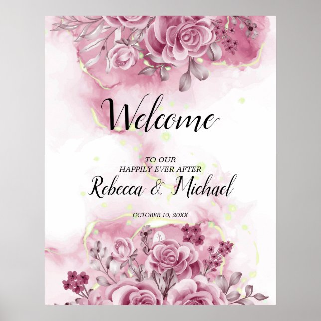 Póster boda floral de acuarela Poster de bienvenida (Frente)