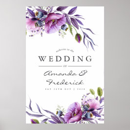 Póster Boda floral de amapola violeta acuarela Bienvenida