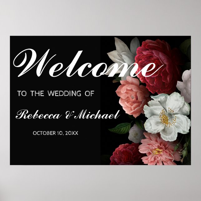 Póster Boda floral de Borgoña Poster de bienvenida (Frente)