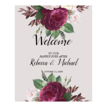 Boda floral de Borgoña Poster de bienvenida