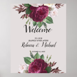Póster Boda floral de Borgoña Poster de bienvenida