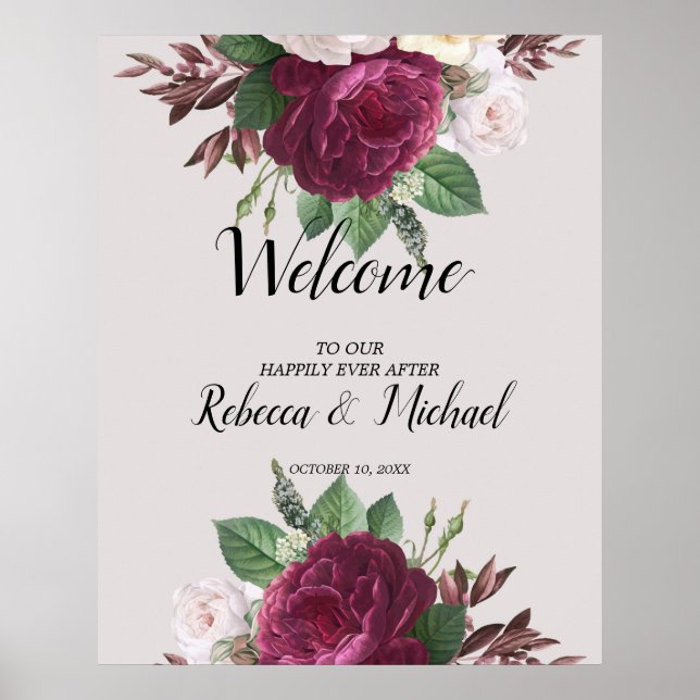 Póster Boda floral de Borgoña Poster de bienvenida (Frente)