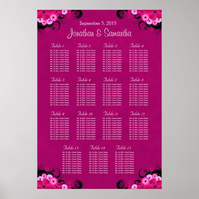 Póster Boda floral de Fuschia oscuro 15 Tabla de asientos (Frente)
