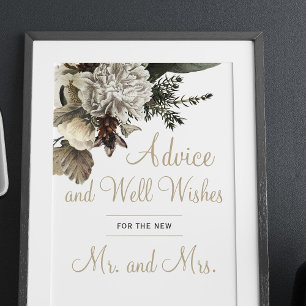 Póster Boda floral de invierno consejo y seña de buenos d