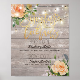 Póster Boda floral de madera Menú de cócteles con firma