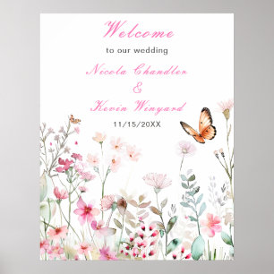 Póster Boda floral de mariposa rosa profunda primavera